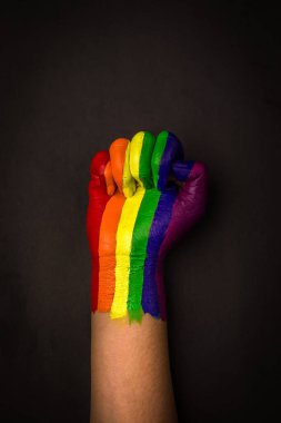 lgbtq topluluğu için gökkuşağı renginde yükseltilmiş bir yumruğun fotoğrafı.