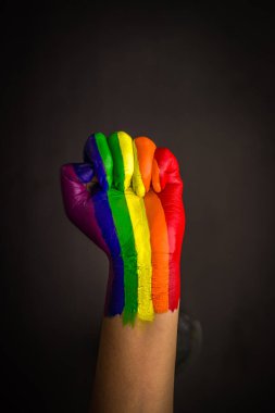 lgbtq topluluğu için gökkuşağı renginde yükseltilmiş bir yumruğun fotoğrafı.