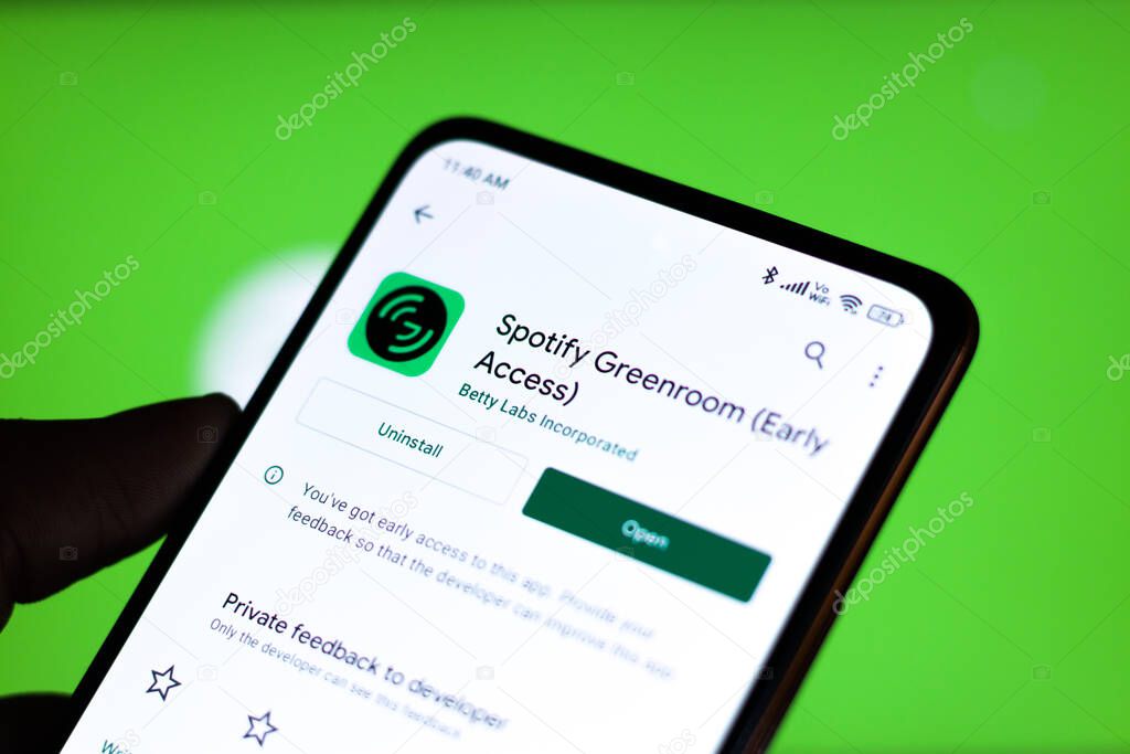Assam, india - June 17, 2021 : Spotify greenroom logo on phone screen stock image.