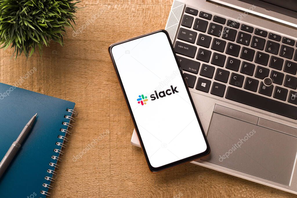 Assam, india - September 18, 2020 : Slack logo on phone screen stock image.