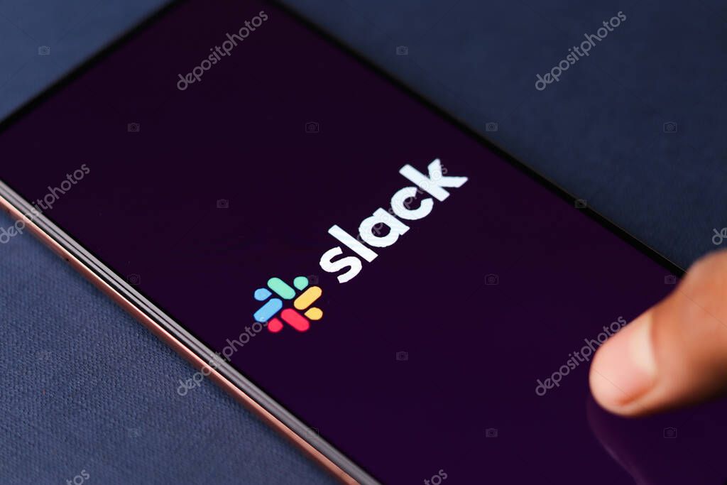 Assam, india - September 18, 2020 : Slack logo on phone screen stock image.
