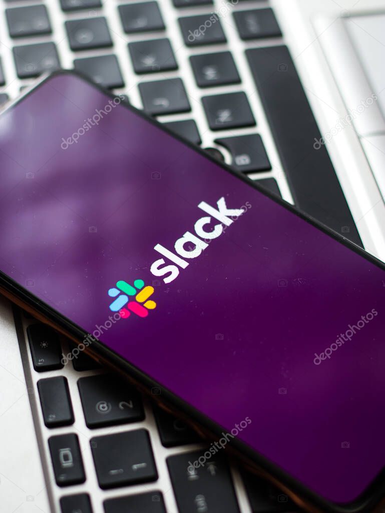 Assam, india - September 18, 2020 : Slack logo on phone screen stock image.