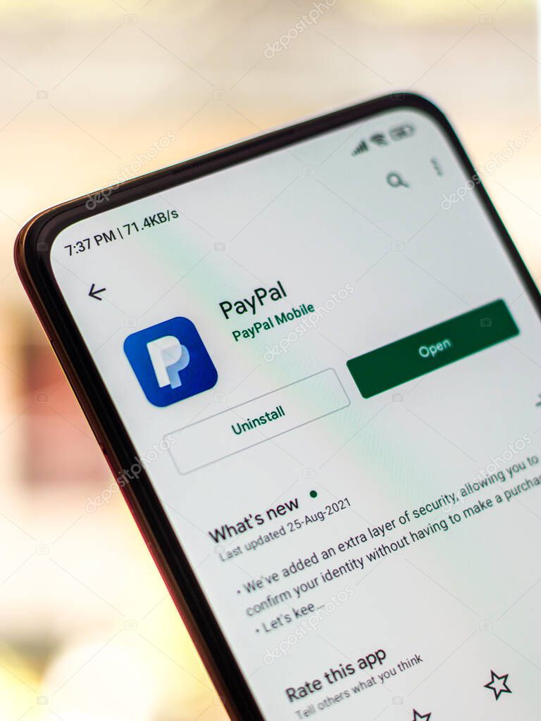 West Bangal, India - September 21, 2021 : Paypal logo on phone screen stock image.