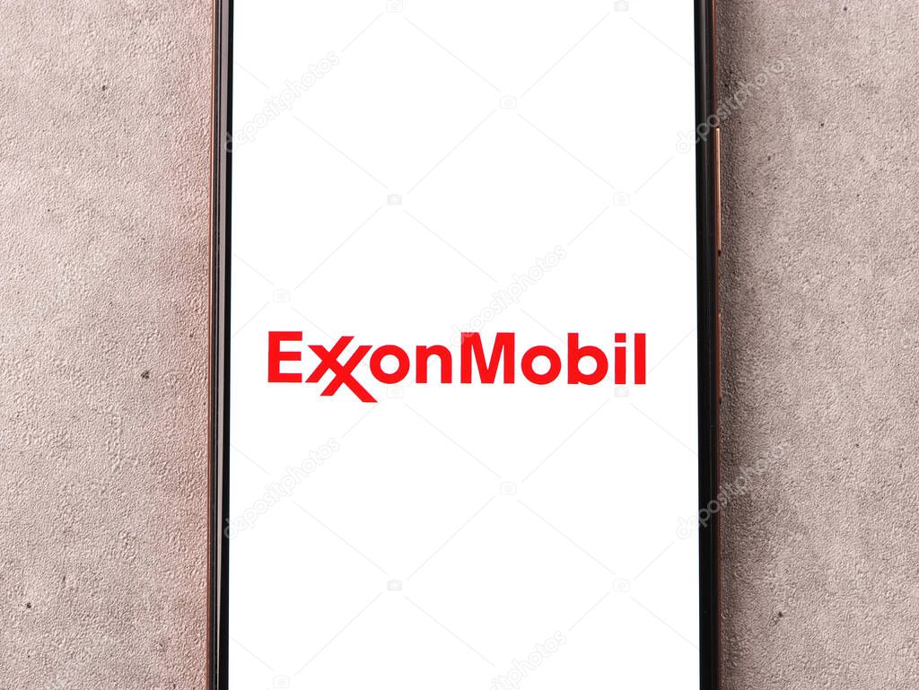 West Bangal, India - October 09, 2021 : ExxonMobil logo on phone screen stock image.