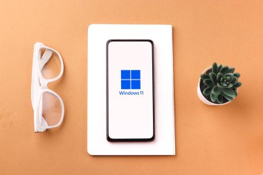 Assam, Hindistan - 17 Haziran 2021: Telefon ekranı görüntüsünde Windows 11 logosu.