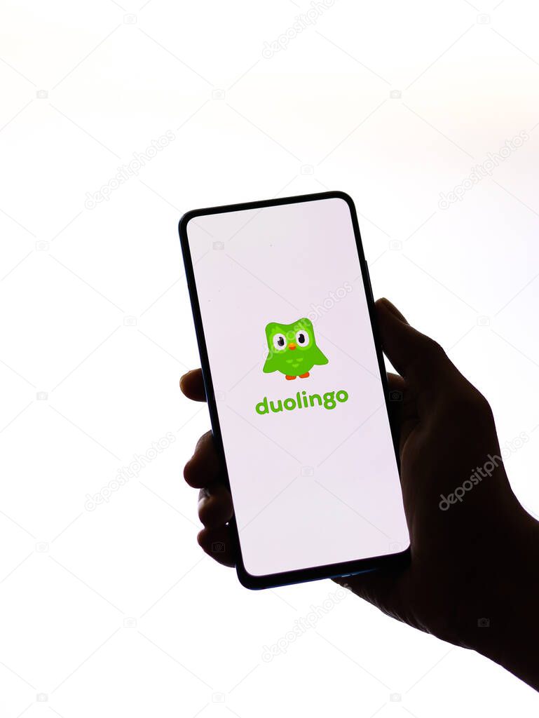 Assam, india - September 6, 2020 : Duolingo logo on phone screen stock image.