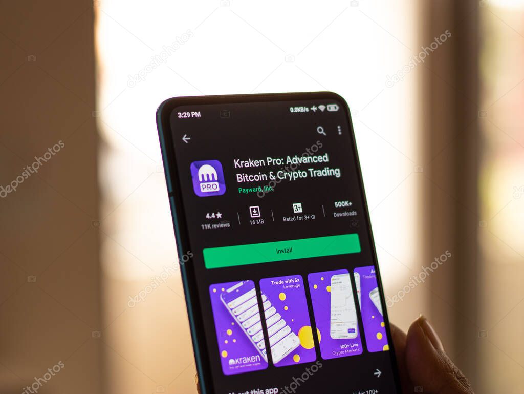 Assam, india - March 10, 2021 : Kraken Pro logo on phone screen stock image.