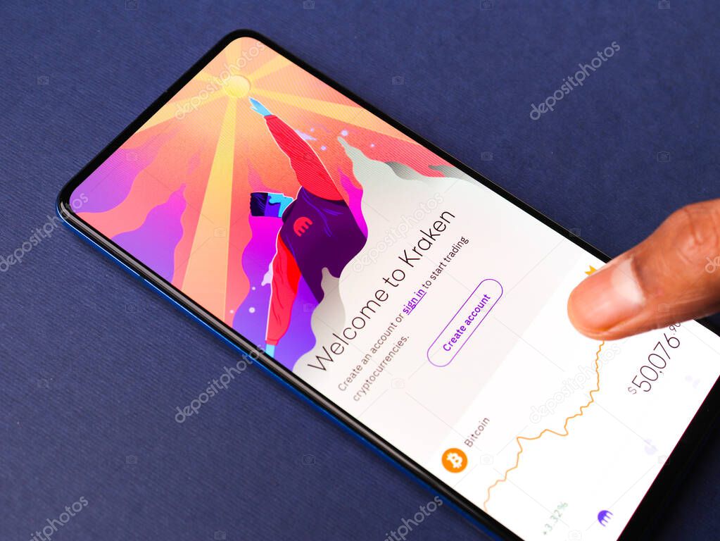 Assam, india - March 10, 2021 : Kraken Pro logo on phone screen stock image.