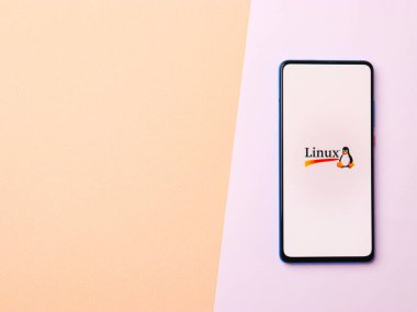 Assam, Hindistan - 15 Ocak 2020: Telefon ekranında Linux logosu.