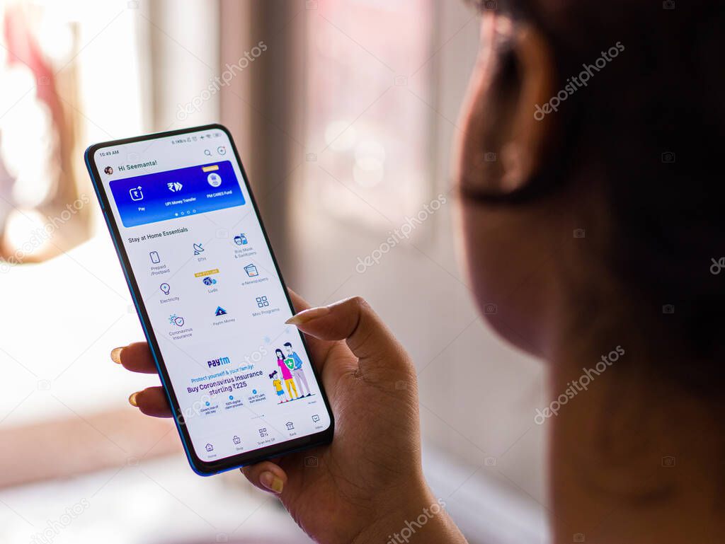 West Bangal, India - August 21, 2021 : Paytm app logo on phone screen stock image.