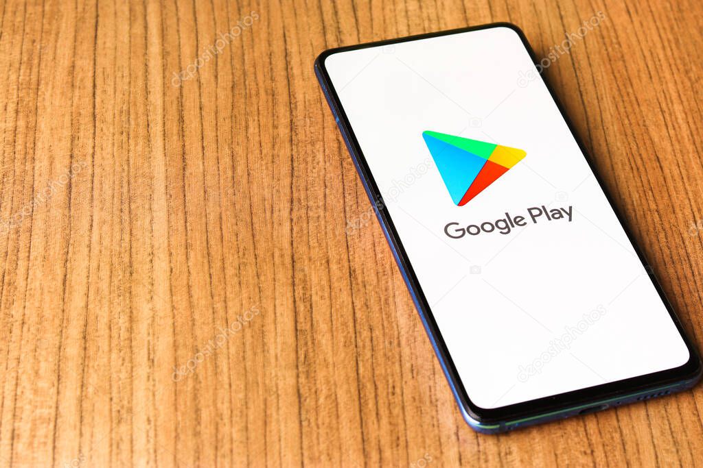 Assam, india - April 10, 2021 : Playstore logo on phone screen stock image.