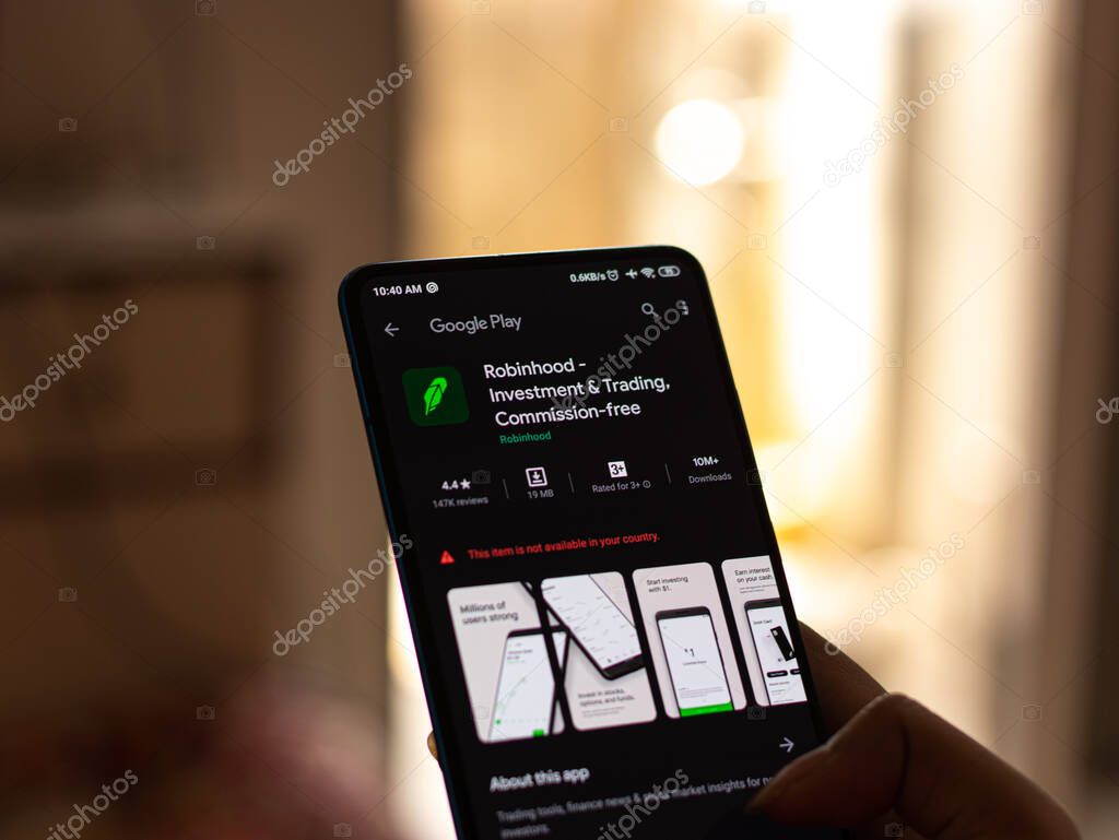 Assam, india - February 19, 2021 : Robinhood logo on phone screen stock image.