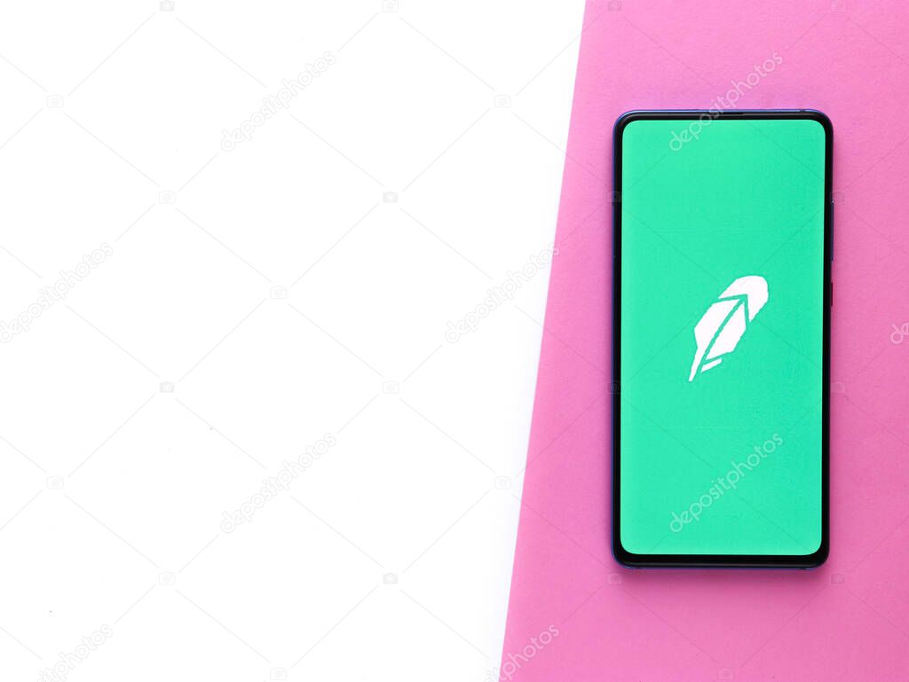 Assam, india - February 19, 2021 : Robinhood logo on phone screen stock image.