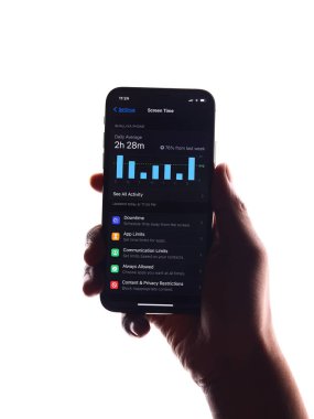 Assam, Hindistan - 30 Mart 2021: Telefon ekranı görüntüsü üzerindeki Ekran Zamanı grafiği.