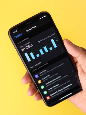 Assam, Hindistan - 30 Mart 2021: Telefon ekranı görüntüsü üzerindeki Ekran Zamanı grafiği.