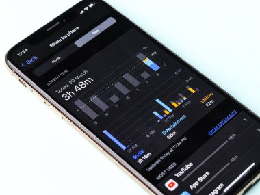 Assam, Hindistan - 30 Mart 2021: Telefon ekranı görüntüsü üzerindeki Ekran Zamanı grafiği.