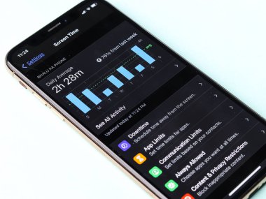 Assam, Hindistan - 30 Mart 2021: Telefon ekranı görüntüsü üzerindeki Ekran Zamanı grafiği.