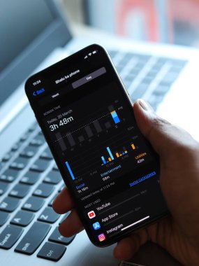Assam, Hindistan - 30 Mart 2021: Telefon ekranı görüntüsü üzerindeki Ekran Zamanı grafiği.
