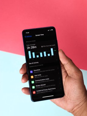 Assam, Hindistan - 30 Mart 2021: Telefon ekranı görüntüsü üzerindeki Ekran Zamanı grafiği.
