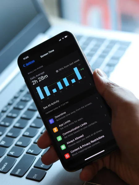 Assam, Hindistan - 30 Mart 2021: Telefon ekranı görüntüsü üzerindeki Ekran Zamanı grafiği.