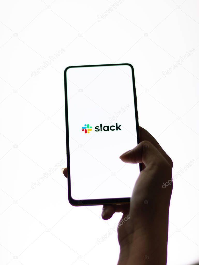 Assam, india - September 18, 2020 : Slack logo on phone screen stock image.