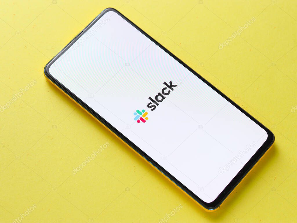 Assam, india - September 18, 2020 : Slack logo on phone screen stock image.