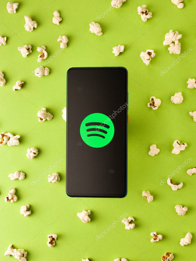 Assam, india - September 18, 2020 : Spotify logo on phone screen stock image.