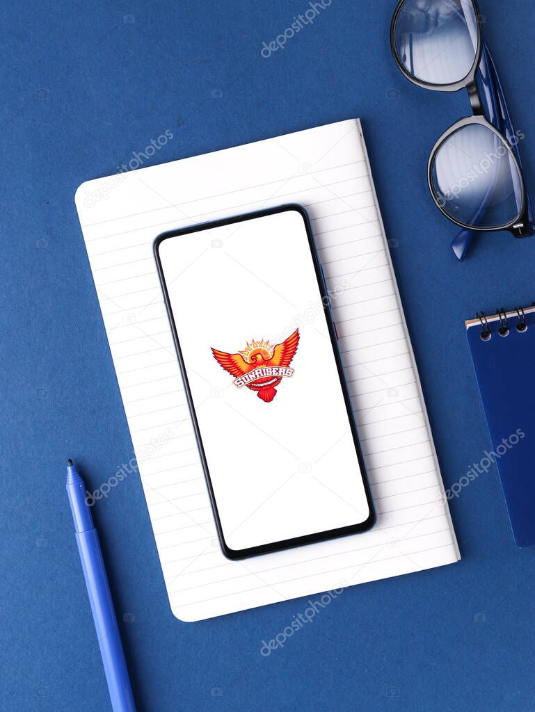 Assam, india - August 27, 2020 : Sunrisers Hyderabad logo on phone screen stock image.