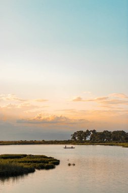 Assam, Hindistan - 12 Ağustos 2020 Altın Saati 'nde güzel manzaralı bir kayıkçı.