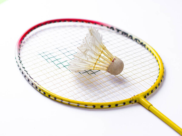 Badminton racket and White Feather Shuttlecock with a  colour green background stock isolated image. 