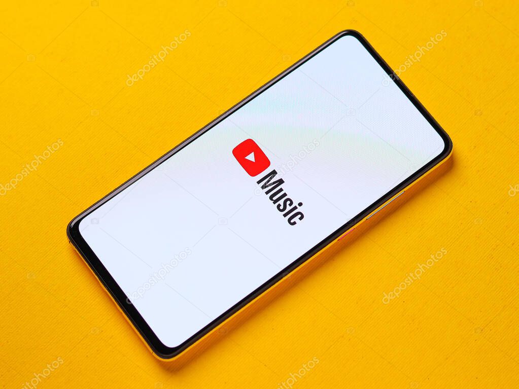 Assam, india - October 29, 2020 : Youtube Music logo on phone screen stock image.