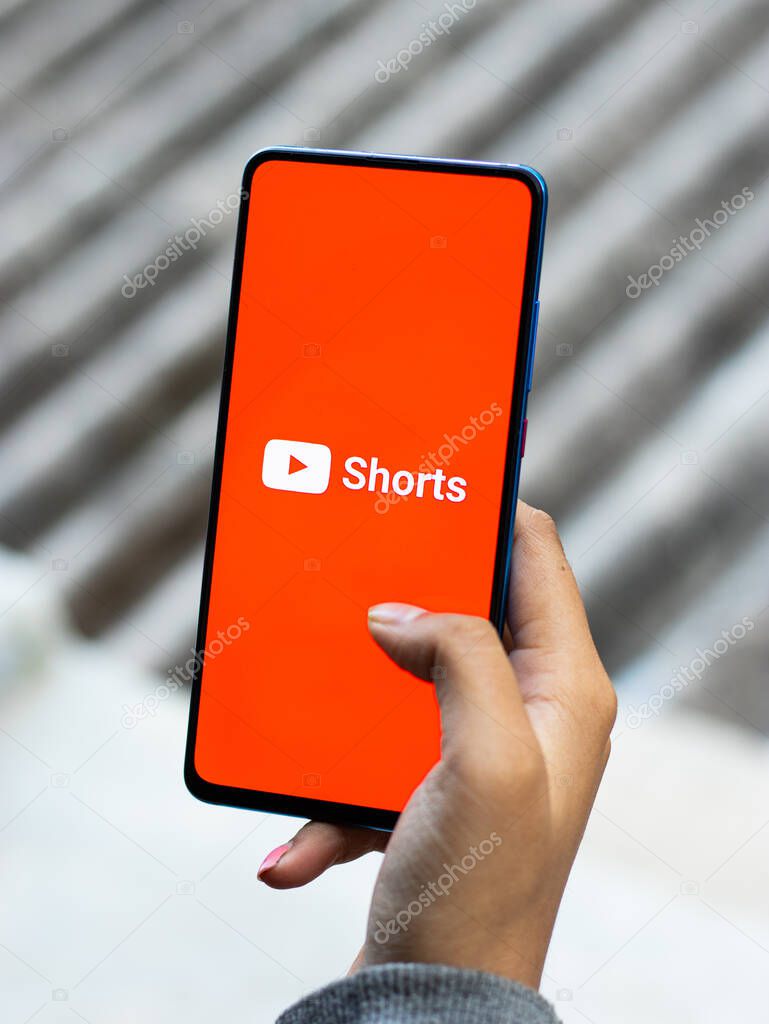 Assam, india - December 20, 2020 : YouTube Shorts logo on phone screen stock image.