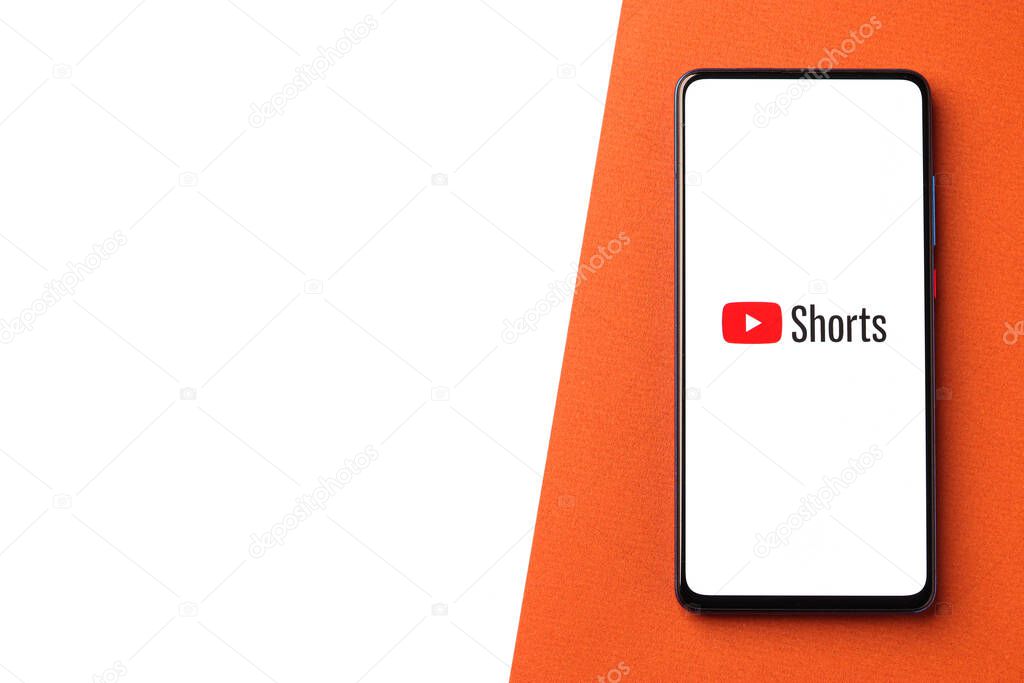 Assam, india - December 20, 2020 : YouTube Shorts logo on phone screen stock image.