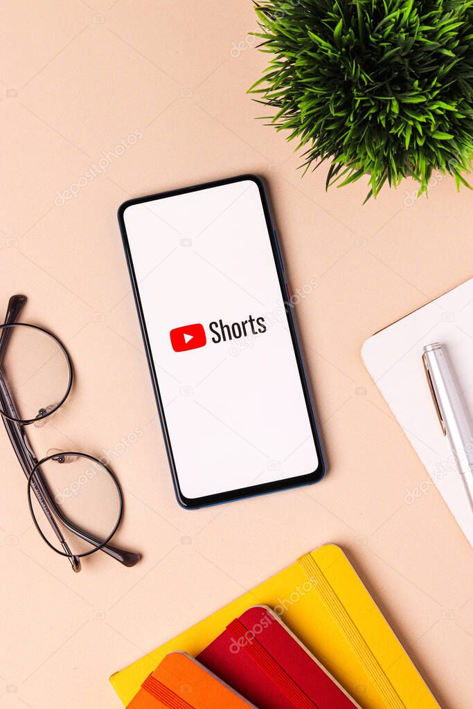 Assam, india - December 20, 2020 : YouTube Shorts logo on phone screen stock image.