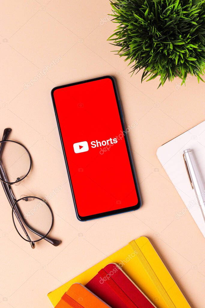 Assam, india - December 20, 2020 : YouTube Shorts logo on phone screen stock image.