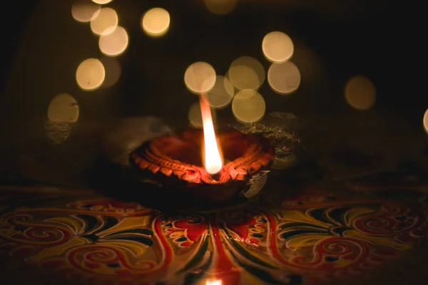 Clay Diya Lamp Rangoli Stock Image — Stock Photo, Image