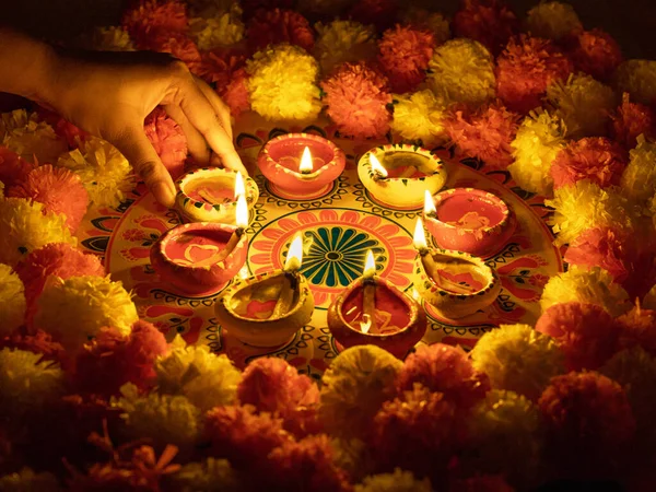 Clay Diya Nebo Lampa Rangoli Stock Image — Stock fotografie