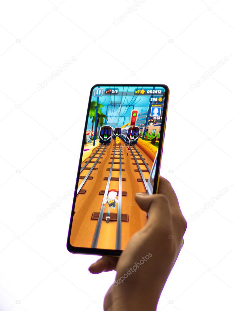 Assam, india - October 11, 2020 : subway surfers logo on phone screen stock image.