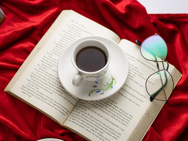 Black Tea Coffee Book Red Cloth Stock Image — Stock Photo, Image