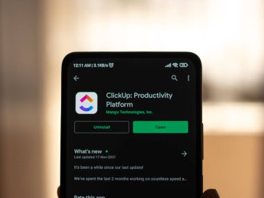 West Bangal, India - January 7, 2022 : ClickUp logo on phone screen stock image.