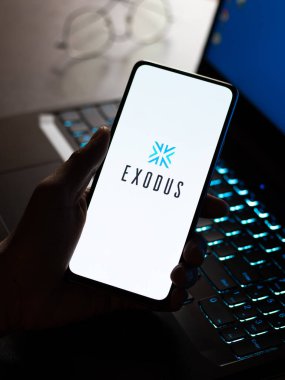 West Bangal, India - December 15, 2021 : Exodus logo on phone screen stock image.