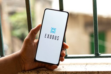 West Bangal, India - December 15, 2021 : Exodus logo on phone screen stock image.