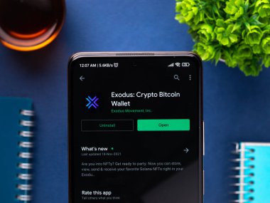 West Bangal, India - December 15, 2021 : Exodus logo on phone screen stock image.