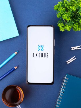 West Bangal, India - December 15, 2021 : Exodus logo on phone screen stock image.