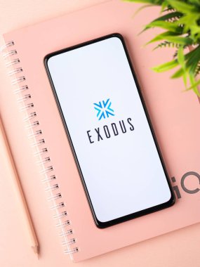 West Bangal, India - December 15, 2021 : Exodus logo on phone screen stock image.