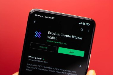 West Bangal, India - December 15, 2021 : Exodus logo on phone screen stock image.