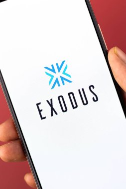 West Bangal, India - December 15, 2021 : Exodus logo on phone screen stock image.