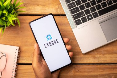 West Bangal, India - December 15, 2021 : Exodus logo on phone screen stock image.