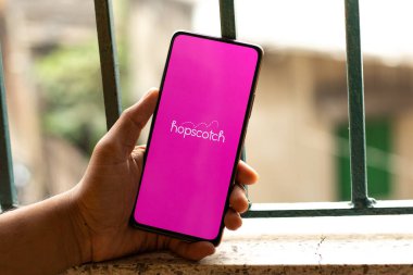 West Bangal, India - January 7, 2022 : Hopscotch logo on phone screen stock image.