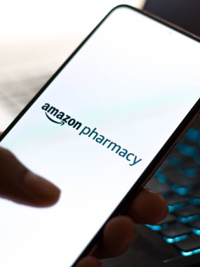 West Bangal, India - December 05, 2021 : Amazon Pharmacy logo on phone screen stock image.